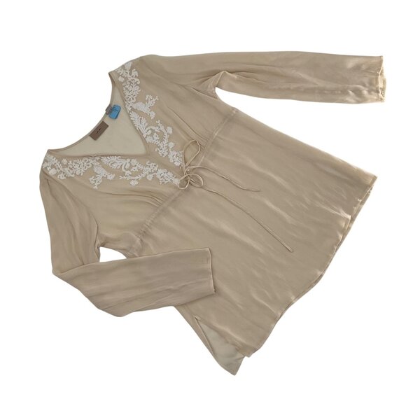 Sheer Beige silk Long Sleeve Embroidered Blouse Tie Waist  flowy boho feminine m - Picture 3 of 9